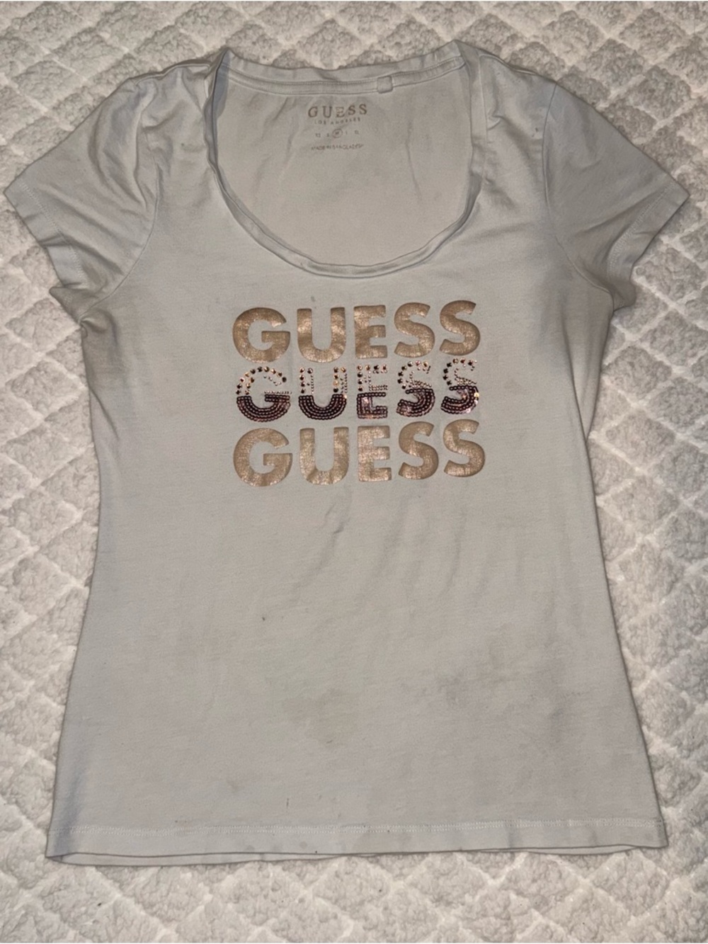 GUESS White Short Sleeve Tee with Metallic Rose Gold Logo